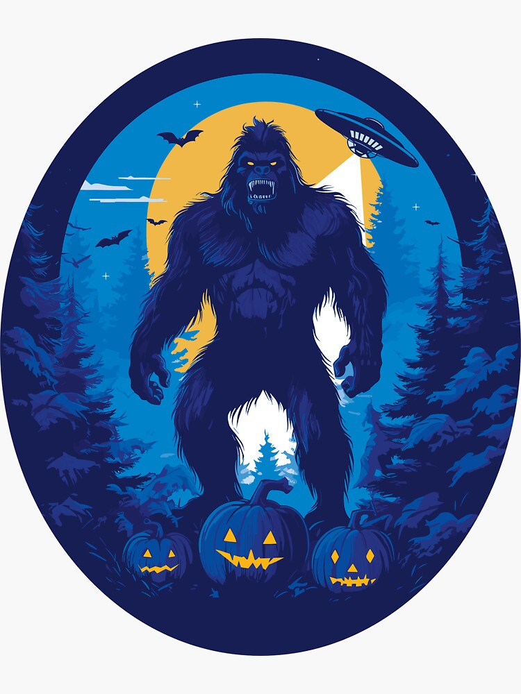 Thumbnail 3 of 3, Sticker, Bigfoot and a UFO Adventure on a Halloween Night (blue) designed and sold by hidden-design.