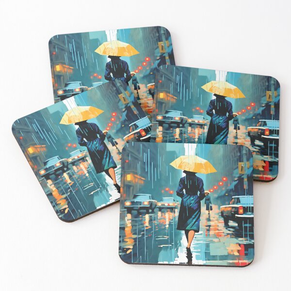 Item preview, A woman walking in the rain between cars and buildings designed and sold by studiomrska.