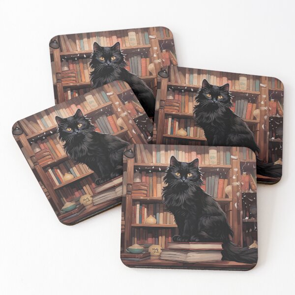 Item preview, Black mystical cat in front of the bookshelf in anime style designed and sold by WallyPink.