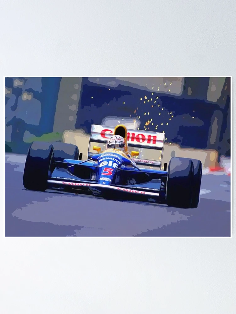 Nigel Mansell racing his 1992 FW14B F1 racecar with sparks flying  watercolor