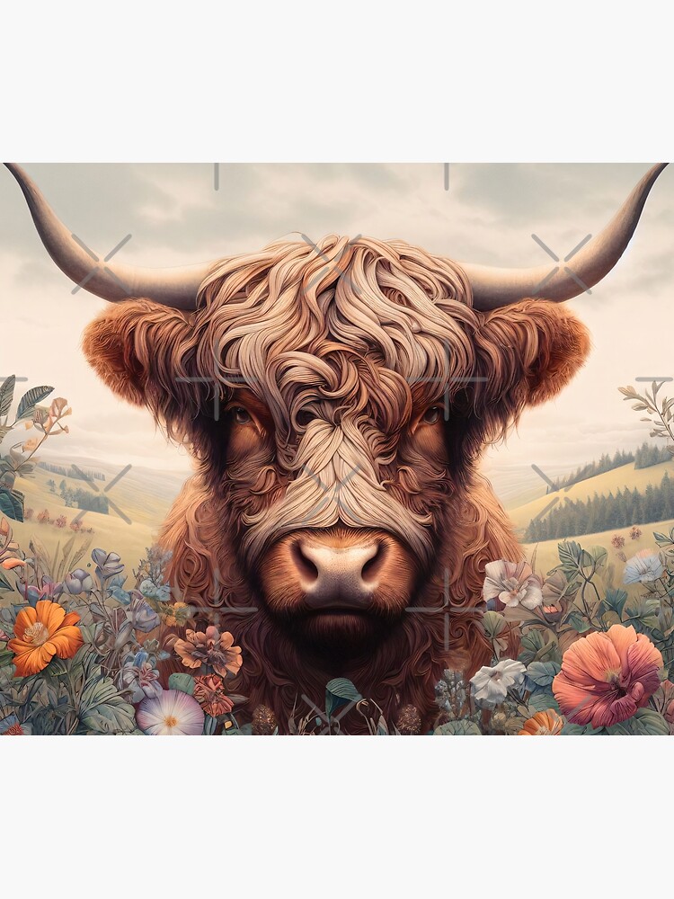 Floral Highlander Cow Tapestry - Scottish Highlander Poster