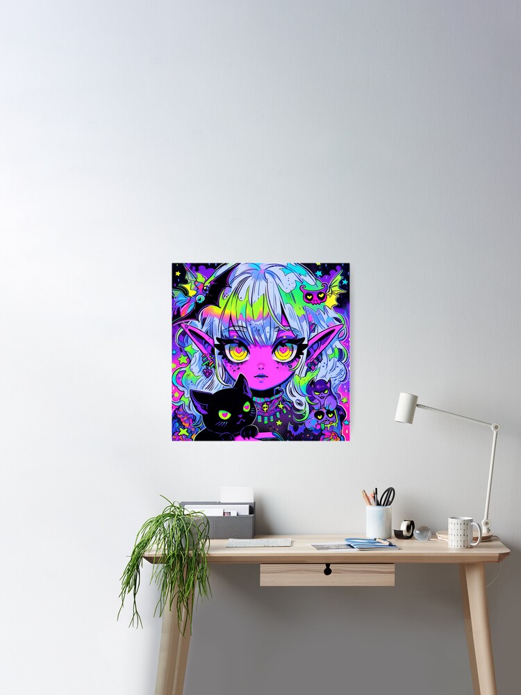 Metal Poster Displate Cat Girl Blue Neon Anime  With Magnet Mounting  System Included - Neon Anime