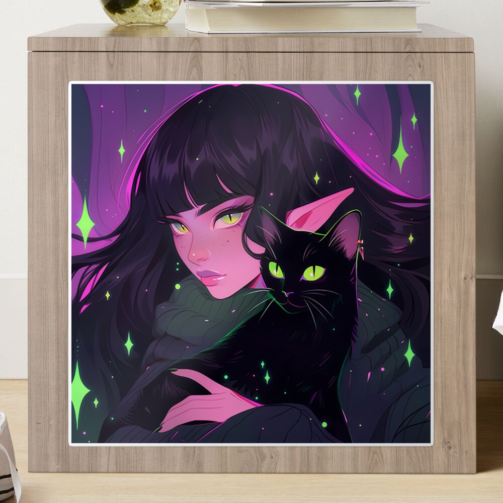 Sticker for Sale mit Glühendes lila Elfen-Anime-Mädchen und schwarze Katze  von bubblegoth