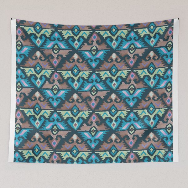 Item preview, Ethnic geometric carpet  blue brown designed and sold by Alessandro Remo Mazzoni Remotextiles.