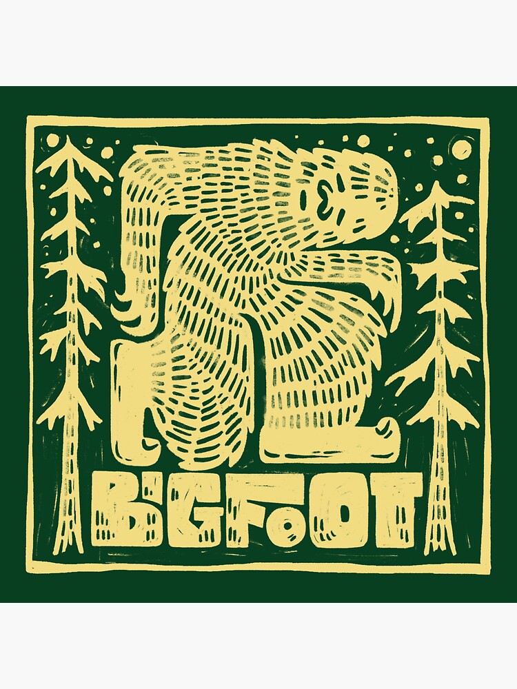 Aperçu 3 sur 3. Sticker avec l'œuvre Impression de gravure sur bois Bigfoot Cryptid créée et vendue par greermiceli.