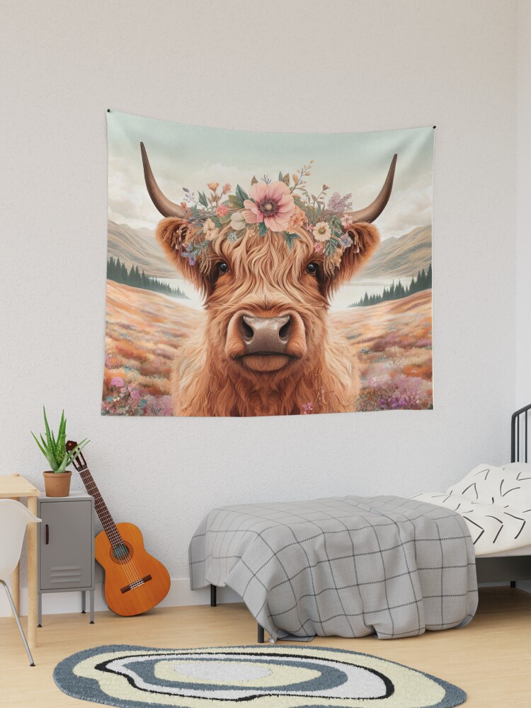 Floral Highlander Cow Tapestry - Scottish Highlander Poster