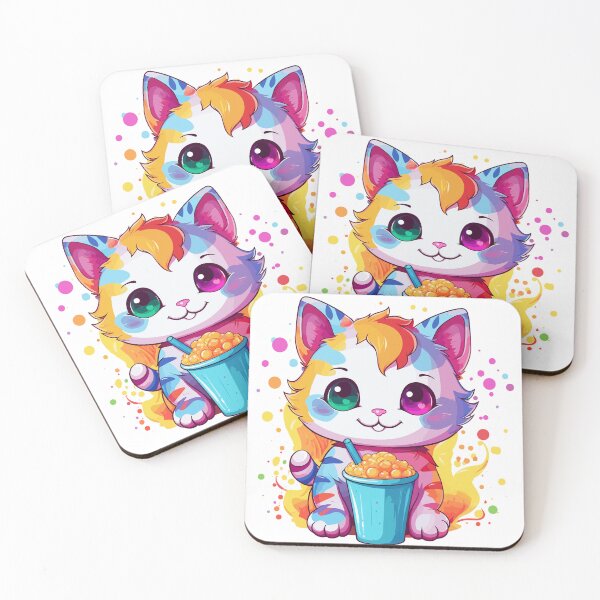 Item preview, Multicolor Kawaii Cat Drinking Boba Tea designed and sold by skullcap-prints.