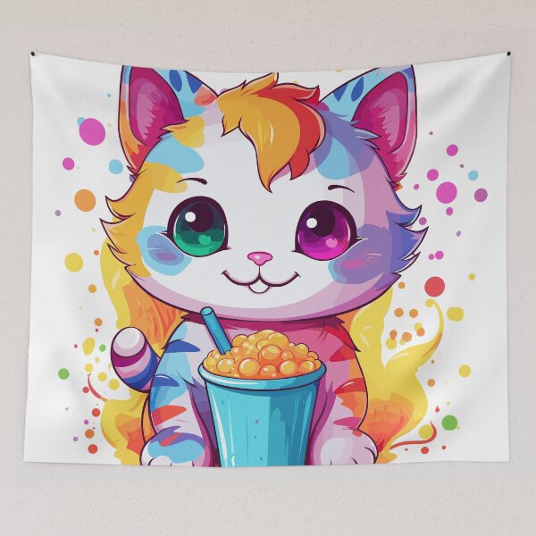 Item preview, Multicolor Kawaii Cat Drinking Boba Tea designed and sold by skullcap-prints.