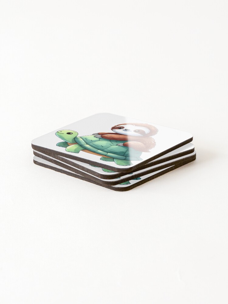Thumbnail 4 of 5, Coasters (Set of 4), Sloth Riding Turtle Sticker Pack Turtle Sloth Bundle Sloth Turtle Friends Sticker Set designed and sold by beansterp.