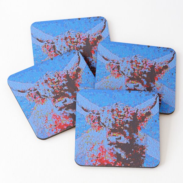 Item preview, Highland cow with the scottish flag, blue and red image, edited oil painting by Marina Daniluka designed and sold by MariDaniArt.