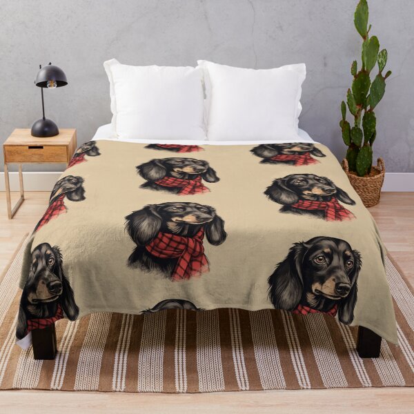 Aperçu de l'œuvre Black and Cream Dachshund Christmas Plaid Watercolor créée et vendue par rafaeltto.