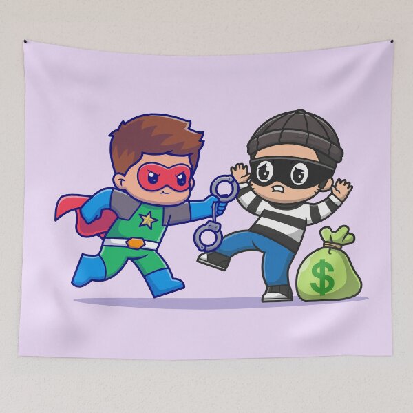 Item preview, Cute Superhero Capturing a Thief with Money Bag and Handcuffs Cartoon Vector Icon designed and sold by hjian8219.