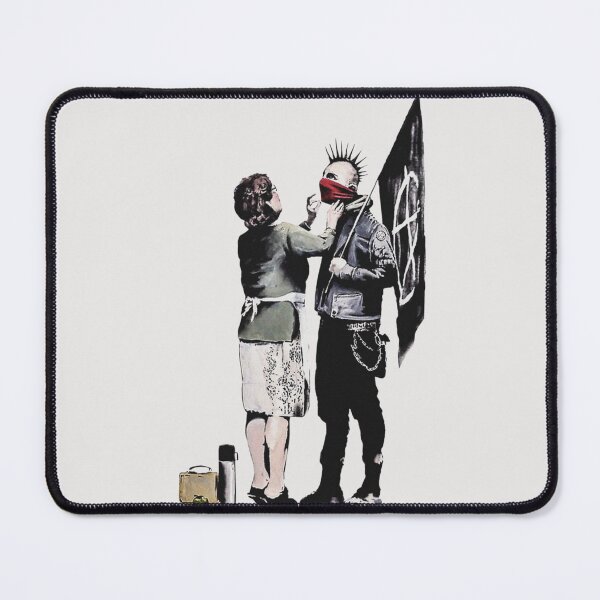 Item preview, Banksy graffiti mom and punk with anarchist flag Protest Don't forget to eat your lunch and make some trouble quote on beige and white background HD HIGH QUALITY ONLINE STORE designed and sold by DeborahJRayner.