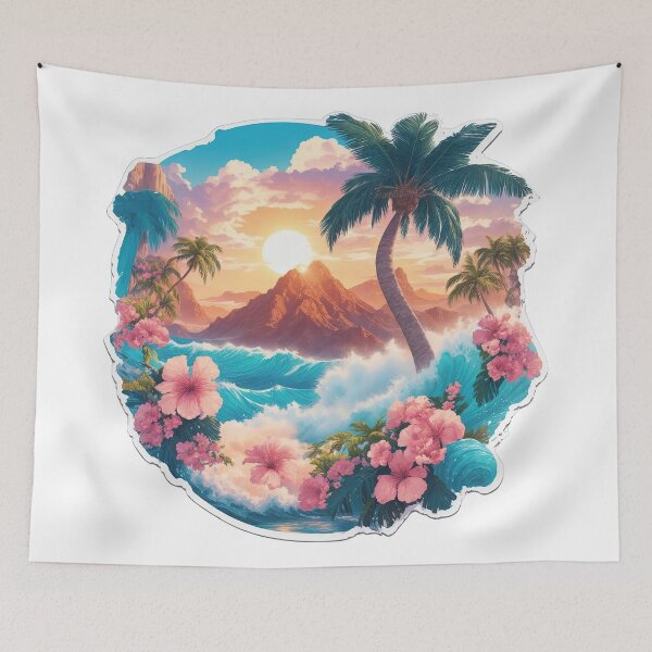 Item preview, The sea with beautiful waves is surrounded by coconut trees and flowers on the island. designed and sold by Natcharee.