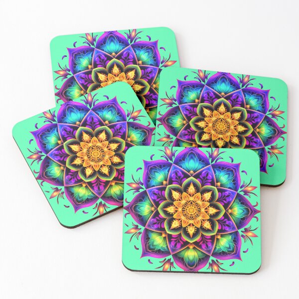 Item preview, Flower mandala fluorescent menta blacklight marigold designed and sold by Atelier-Arcano.