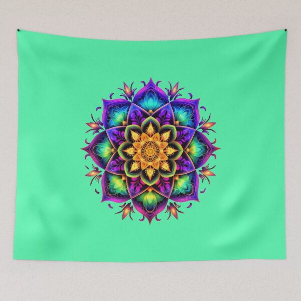 Item preview, Flower mandala fluorescent menta blacklight marigold designed and sold by Atelier-Arcano.