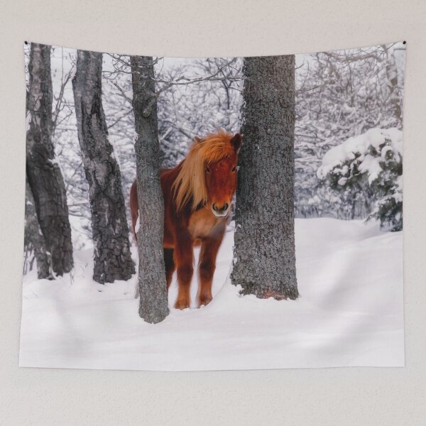 Item preview, Chestnut Horse Between Trees in Snowy Winter Landscape designed and sold by Nicklas81.