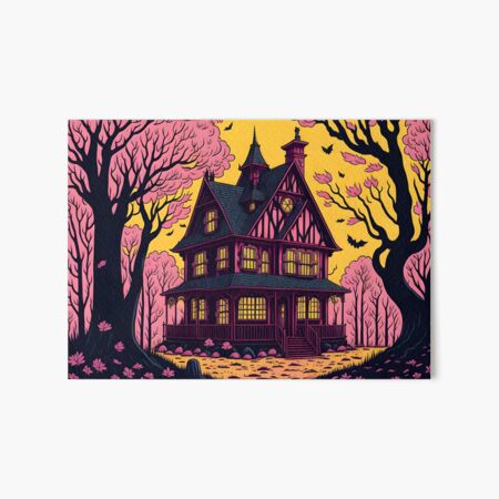 Vista previa del artículo con la obra «Cabaña en el bosque rosa, arte con IA de Halloween», diseñado y vendido por avis-aesthetic.