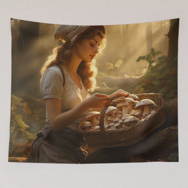 Item preview, Cute Girl Mushroom Picker with Basket Vintage designed and sold by Sunmoonlove.