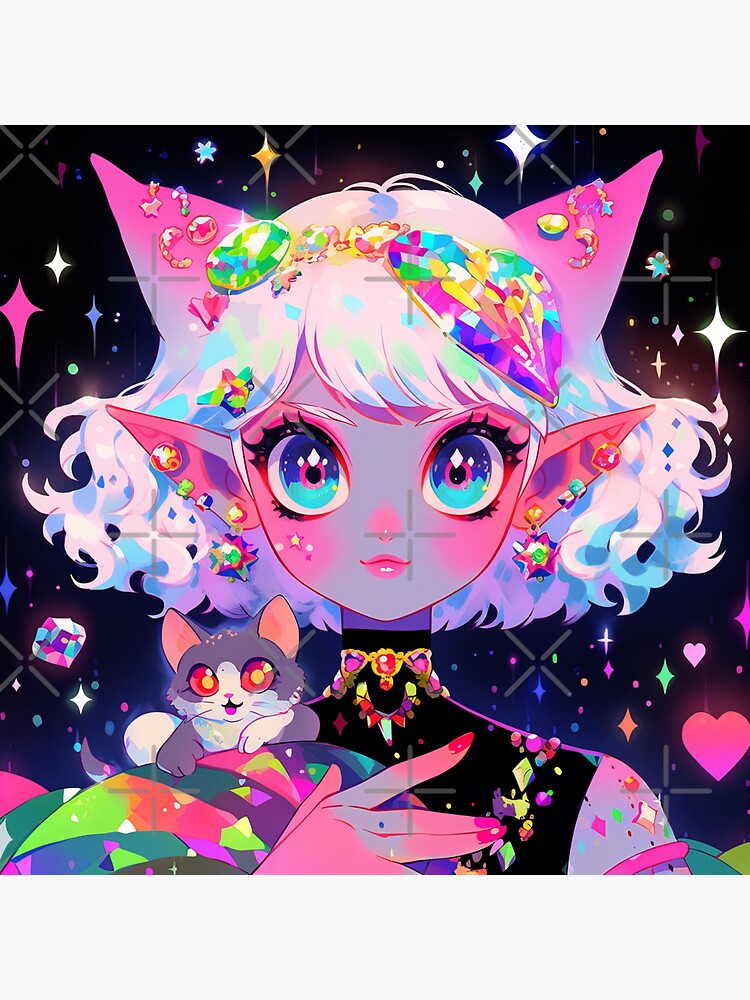 Beautiful Bright Neon Curly Hair Starry Anime Girl | Sticker