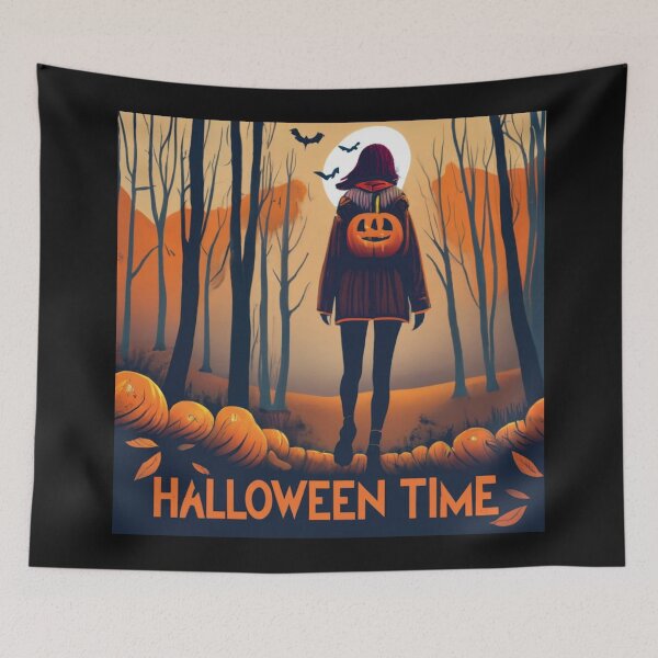 Item preview, Scary woman with pumpkin backpack in the forest, halloween time designed and sold by LuckyFamily.
