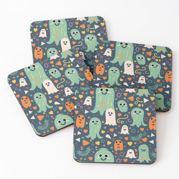 Item preview, Cute Ghosts: Adorable, smiling ghosts in various colors and patterns, with a playful Halloween-themed background. #4 designed and sold by Ningodino.