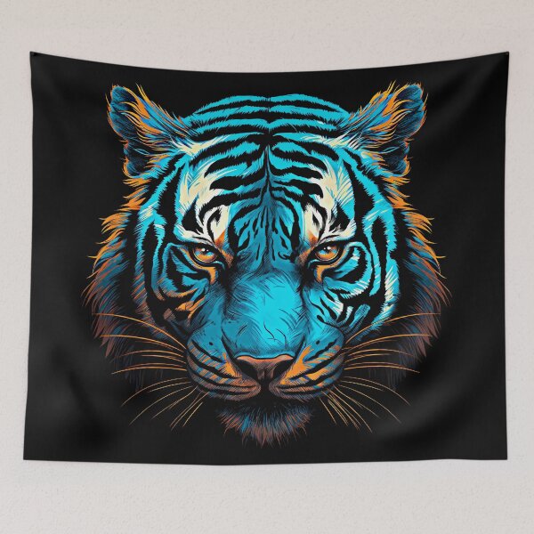 Item preview, Tiger in blue and orange with woodcut inspired graphics designed and sold by MagicColorPrint.
