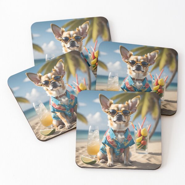 Item preview, A Chihuahua wearing sunglasses and sitting beside a drink at the beach in an exotic atmosphere designed and sold by AI-Only Creations.