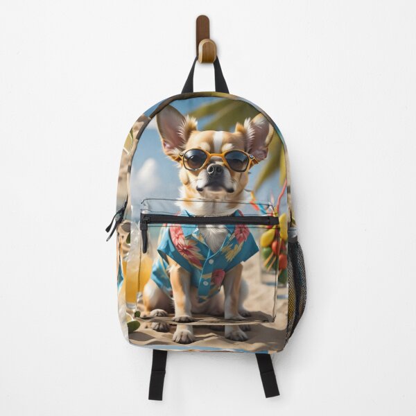 Item preview, A Chihuahua wearing sunglasses and sitting beside a drink at the beach in an exotic atmosphere designed and sold by AI-Only Creations.