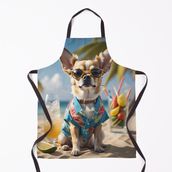 Item preview, A Chihuahua wearing sunglasses and sitting beside a drink at the beach in an exotic atmosphere designed and sold by AI-Only Creations.
