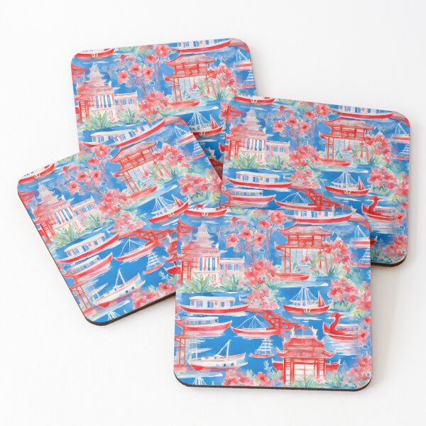 Item preview, Pagodas, lake and sail boats in blue and red designed and sold by SophieClimaArt.
