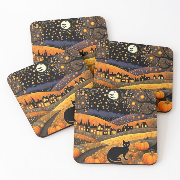 Item preview, Cute Halloween town with a black cat and pumpkins designed and sold by 4Seasons.