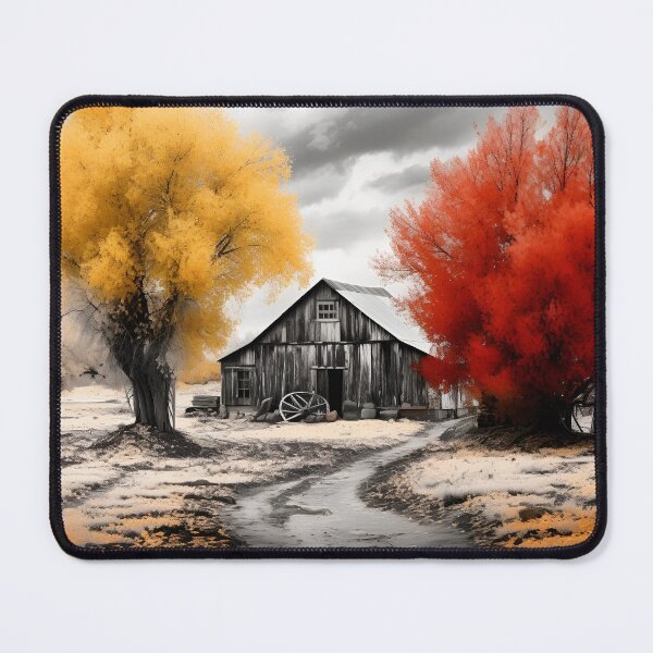 Item preview, Black and white country barn fall landscape print designed and sold by dcrc.