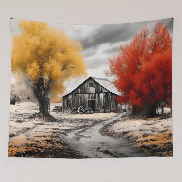 Item preview, Black and white country barn fall landscape print designed and sold by dcrc.