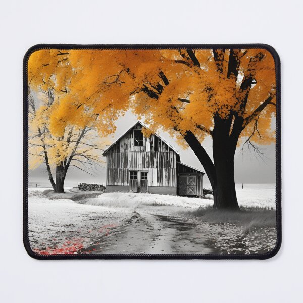 Item preview, black and white country barn fall landscape print designed and sold by dcrc.