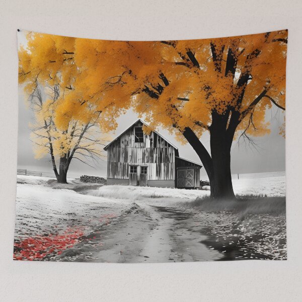 Item preview, black and white country barn fall landscape print designed and sold by dcrc.