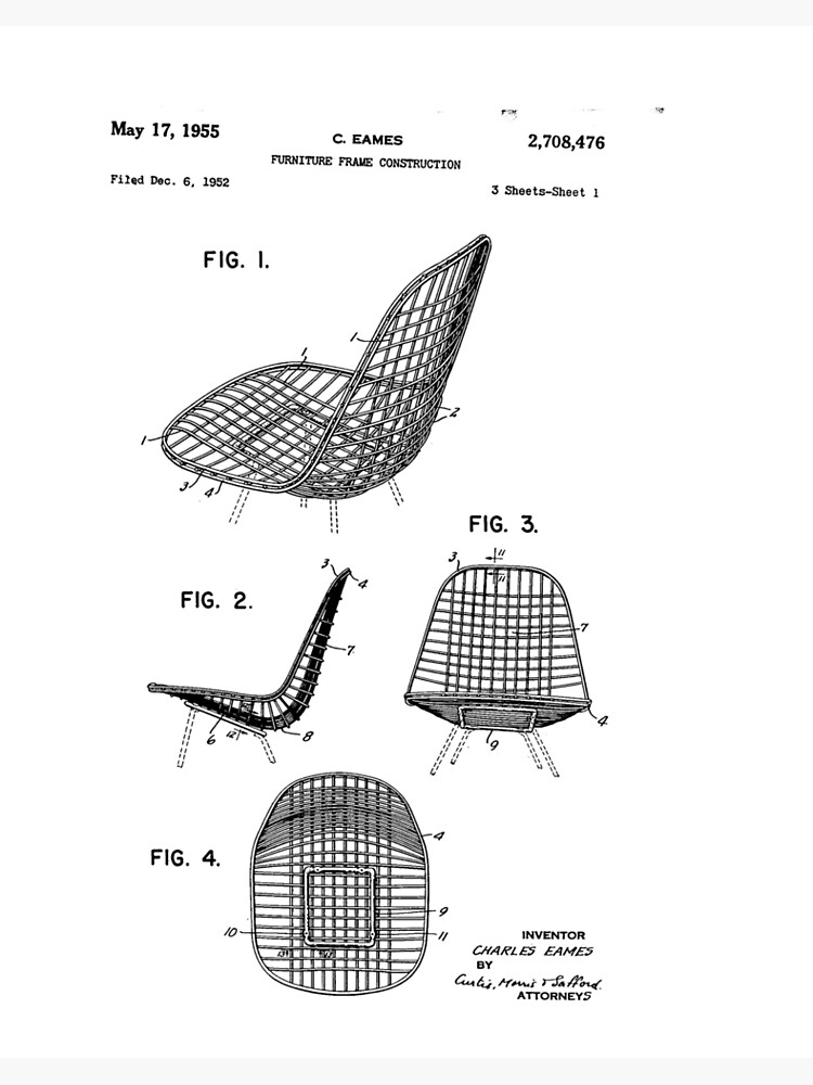 Thumbnail 2 of 2, Art Board Print, Design Legacy Icons Charles Eames Wire Chair US Patent Drawing designed and sold by RealEstateFiend.