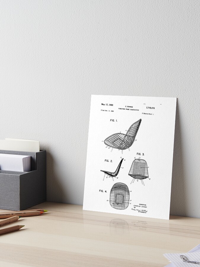 Thumbnail 1 of 2, Art Board Print, Design Legacy Icons Charles Eames Wire Chair US Patent Drawing designed and sold by RealEstateFiend.