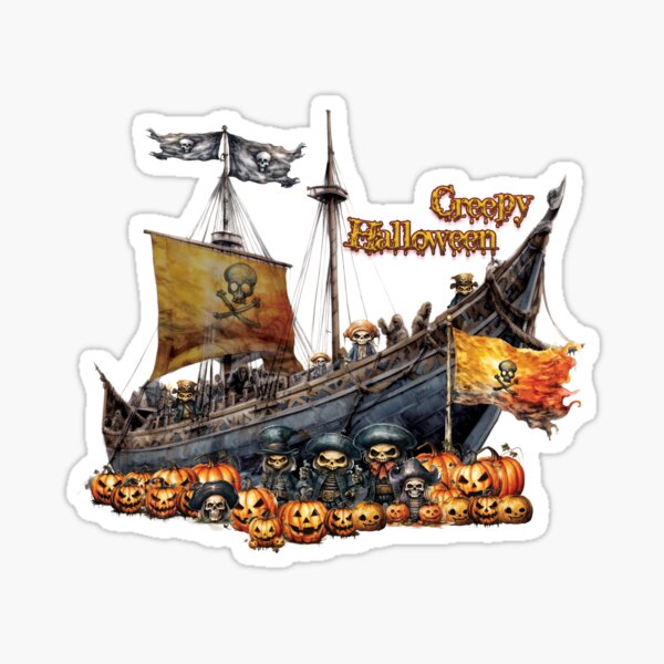 Pirate Halloween with ship Sticker