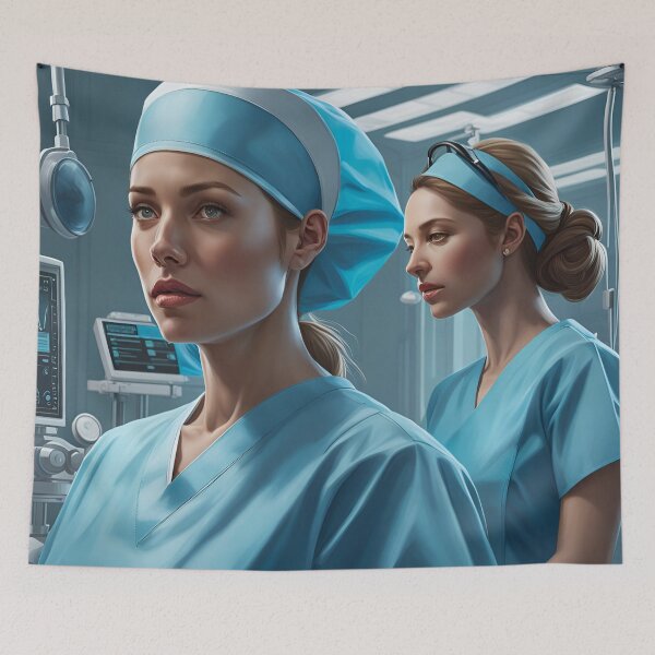 Item preview, Nurses wearing light blue scrubs, carrying out a surgical operation designed and sold by Colin Bentham.