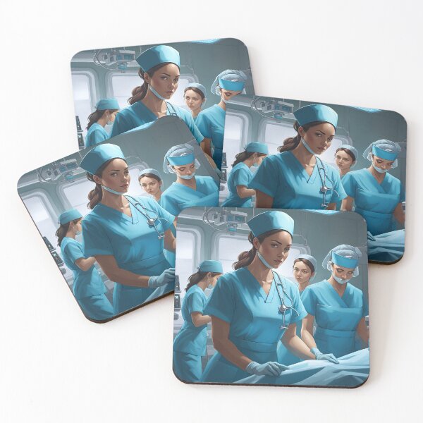 Item preview, Nurses wearing light blue scrubs, carrying out a surgical operation designed and sold by Colin Bentham.