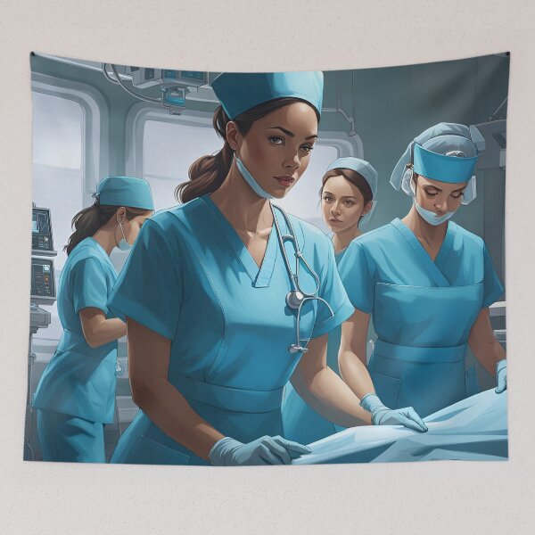 Item preview, Nurses wearing light blue scrubs, carrying out a surgical operation designed and sold by Colin Bentham.