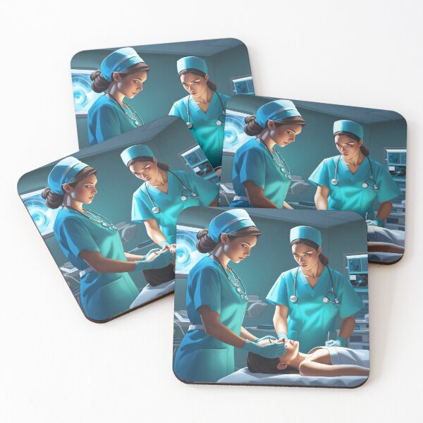 Item preview, Nurses wearing light blue scrubs, carrying out a surgical operation designed and sold by Colin Bentham.