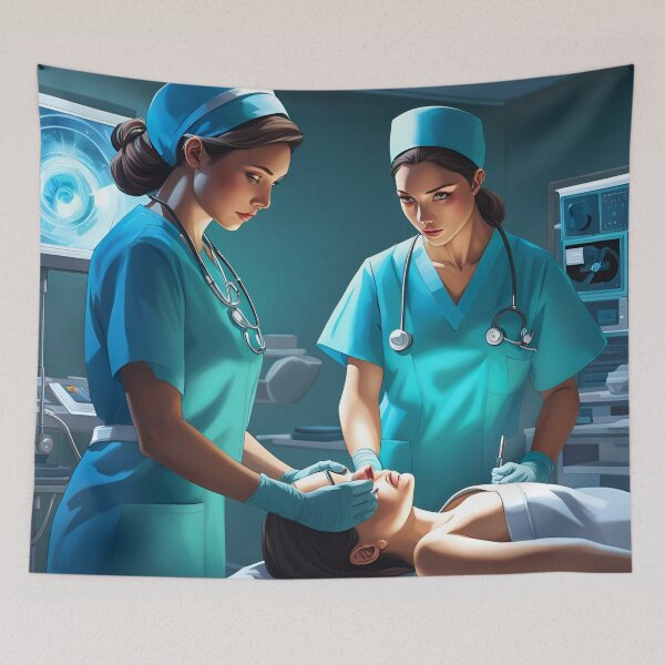 Item preview, Nurses wearing light blue scrubs, carrying out a surgical operation designed and sold by Colin Bentham.