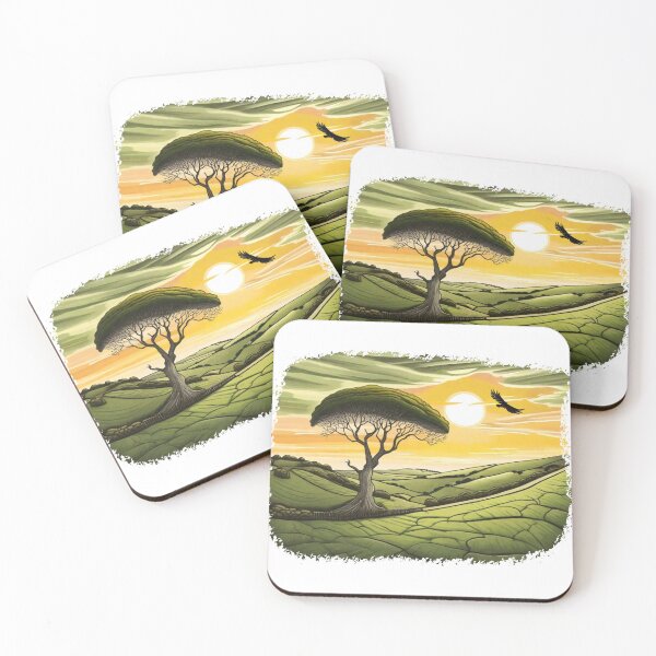 Item preview, Cartoon landscape with sycamore gap and beautiful sunset with bird designed and sold by SwanAndStone.