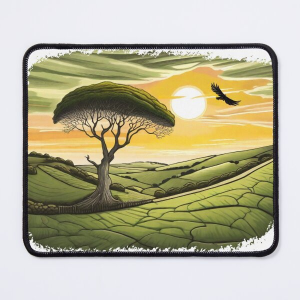 Item preview, Cartoon landscape with sycamore gap and beautiful sunset with bird designed and sold by SwanAndStone.