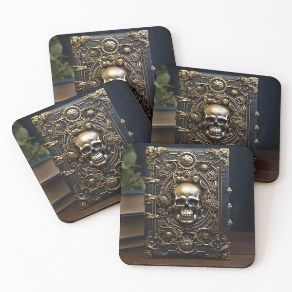 Item preview, An ultra-realistic illustration of a 17th century book with a golden skull statue on it in the style of gothic dark and ornate designed and sold by AI-Only Creations.
