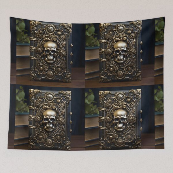 Item preview, An ultra-realistic illustration of a 17th century book with a golden skull statue on it in the style of gothic dark and ornate designed and sold by AI-Only Creations.
