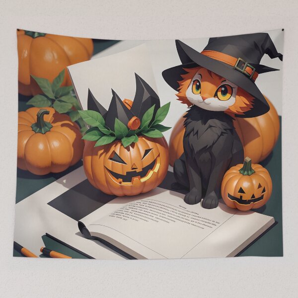 Item preview, a black kitten in a witch's hat with a pumpkin. designed and sold by Sanyas88415.