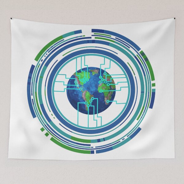 Item preview, Bright blue/green Earth globe surrounded by circular technology and AI designed and sold by RichDesignPro.